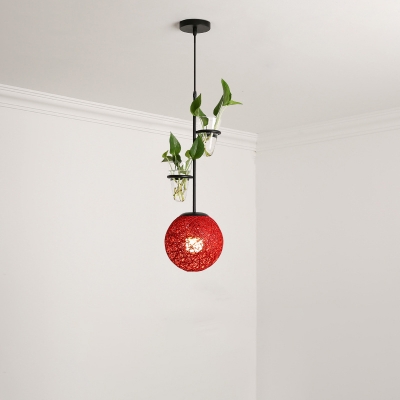 Macaron Spherical Pendant Light Kit 1 Bulb Rattan Suspended Lighting Fixture in Blue/Pink/Red with Plant Cup