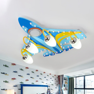 Plane-Shaped Kids Bedroom Flush Light Wood 4 Lights Cartoon Ceiling Mounted Lamp in Blue and Yellow