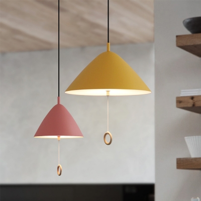 Yellow/Pink Cone Pendant Lighting Fixture Macaron 2 Bulbs Metal Hanging Lamp with Pulling Ring Chain