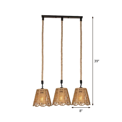 3/6 Lights Scalloped Cluster Pendant Lodge Brown Hemp Rope Ceiling Hang Light with Round/Linear Canopy