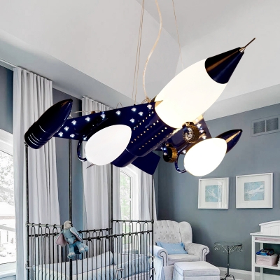3 Bulbs Bedroom Pendant Light Kids Dark Blue Chandelier with Aircraft Frosted Glass Shade