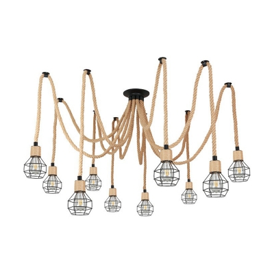6/10-Head Caged Swag Pendant Lighting Rustic Brown Natural Rope Hanging Ceiling Light