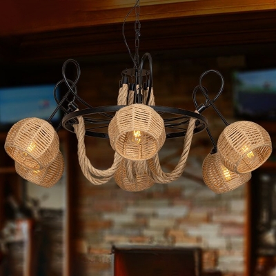6-Light Dome Chandelier Lamp Rustic Brown Hemp Rope Hanging Lamp with Wheel Decoration