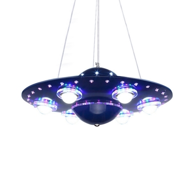 Alien UFO Pendant Lighting Kids Metallic Silver/Dark Blue LED Chandelier Lamp for Boys Bedroom