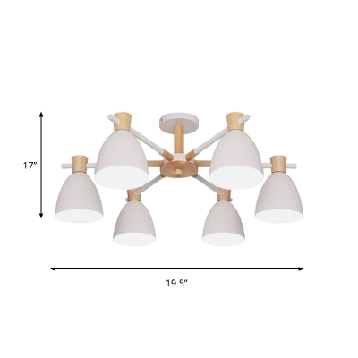 Bell Shade Living Room Suspension Lamp Metallic 6 Lights Nordic Ceiling Chandelier in White and Wood