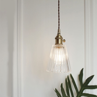 Brass Tapered/Scalloped/Bell Pendant Industrial Clear Lattice/Ribbed/Gridded Glass 1 Head Dining Room Down Lighting