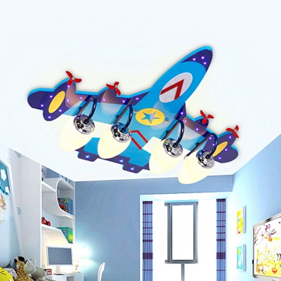 Cartoon Plane Ceiling Lighting Wooden 4 Heads Boys Bedroom Flush Mounted Light in Blue