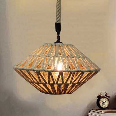 Hemp Diamond-Shape Down Lighting Rural 1 Head Restaurant Ceiling Pendant Lamp in Brown