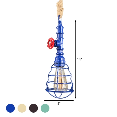 Iron Water Pipe Pendant Light Industrial Single Dining Room Down Lighting in Blue/Green/Rust with Cage and Rope Cord