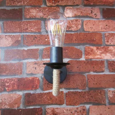 Lodge Bare Bulb Design Wall Lighting Single Natural Rope Wall Mounted Lamp in Black