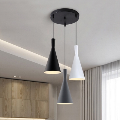 Nordic 3 Lights Cluster Pendant Black-Grey-White Funnel Hanging Light Fixture with Metal Shade and Round/Linear Canopy