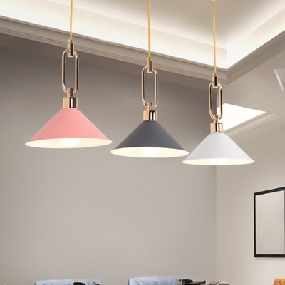 Pink/White/Grey Cone Suspension Lamp Macaron Single Bulb Metal Ceiling Light with Roll Edge and Buckle Design
