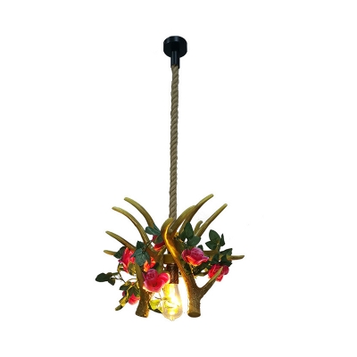 Rustic Deer Horn Drop Pendant Single-Bulb Resin Ceiling Suspension Lamp with Flower in Rose Red/Pink