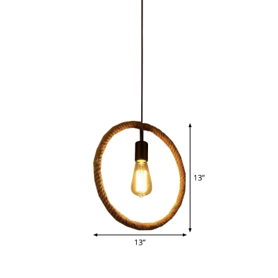 Single Hemp Rope Down Lighting Rural Brown Round/Triangle/Square Exposed Bulb Design Dining Room Drop Pendant