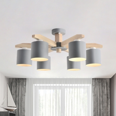 Wooden Radial Chandelier Light Fixture Nordic Style 6 Bulbs Grey/White/Green Pendant Lamp with Cylindrical Metal Shade