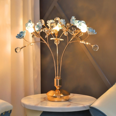 Ceramic Flower Table Light Contemporary 3 Lights Blue Nightstand Lamp with Metal Branch Design
