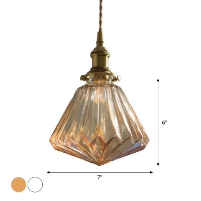 Diamond Bedside Pendant Light Fixture Rural Clear/Brown Ribbed Glass 1 Bulb Brass Suspension Lamp