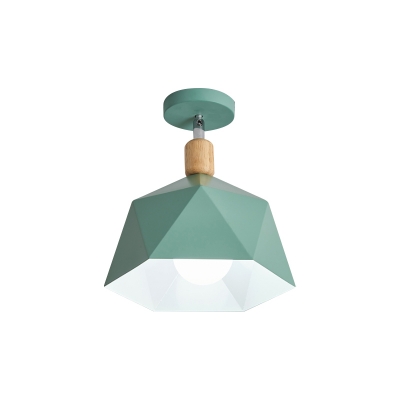 Faceted Shade Metal Ceiling Light Macaron 1 Head Grey/White/Green and Wood Semi Flush Mount with Adjustable Joint