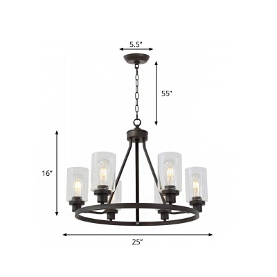 Industrial Wheel Chandelier 6 Bulbs Iron Hanging Ceiling Light with Cylinder Clear Glass Shade in Black