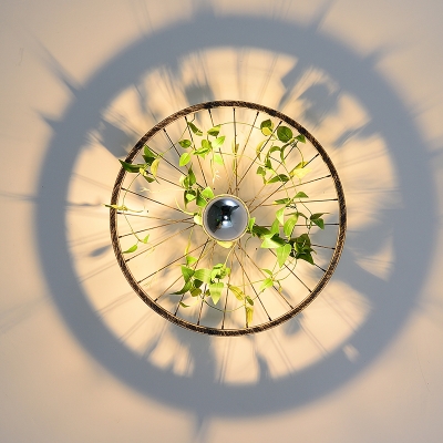 Industrial Wheel Shaped Wall Lamp Iron LED Sconce Light Fixture with Fake Plant in Pink/Dark Green