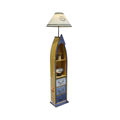 Kids 1-Light Stand Up Lamp Wood/Yellow/White Boat Bookcase Floor Lighting with Cone Fabric Shade