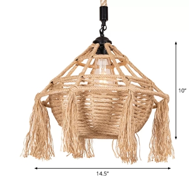 Roped Teardrop-Shape Pendant Light Rustic Single Aisle Ceiling Hang Lamp with Fringe in Brown