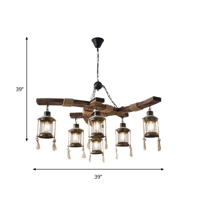 Rustic Branching Ceiling Chandelier 6 Heads Wood Hanging Light with Cylindrical Cage in Black/Brown