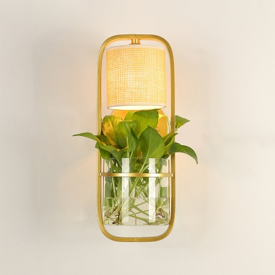 Single Fabric Wall Lighting Nordic White/Gold Cylinder Bedside Sconce Lamp in Warm/White Light with Plant Container