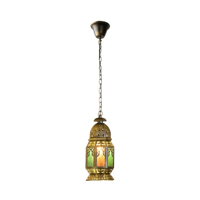 Turkish Censer Shaped Pendant Light Single-Bulb Stained Glass Hanging Lamp in Brass