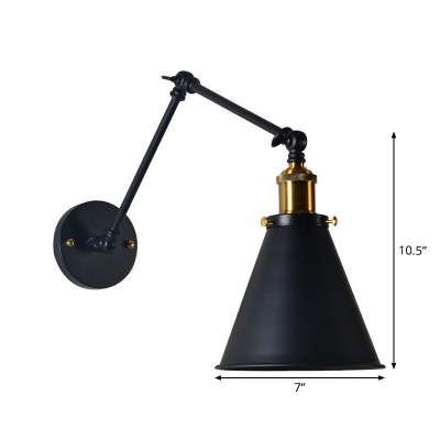 1-Light Swivelable Wall Mount Lamp Retro Bedroom Wall Light with Deep Cone Metal Shade in Black