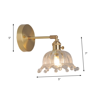 Brass Finish Single-Bulb Wall Lamp Rustic Clear Ribbed/Lattice Glass Bowl/Ruffled Wall Mounted Lighting with Swing Arm