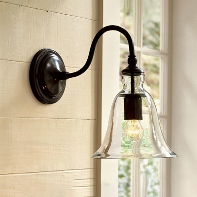 Clear Glass Black Wall Light Trumpet-Shape 1 Head Vintage Style Gooseneck Wall Lamp Fixture
