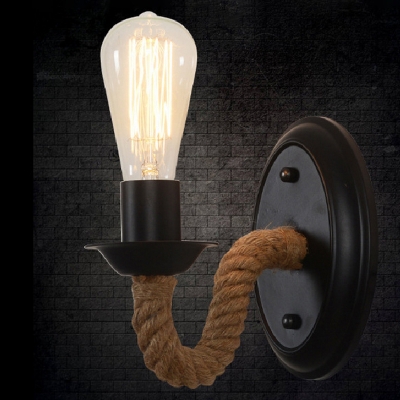 Hemp Rope Arched Arm Wall Light Lodge 1 Head Corner Wall Mounted Fixture with Round/Oval Backplate in Black