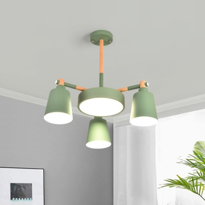 Horn Shade Iron Chandelier Lamp Macaron 3/5/8-Head Green/White/Blue Suspended Lighting Fixture with Wood Accent