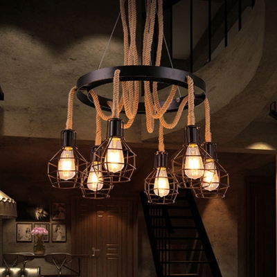 Industrial Circle Pendant Lighting 6 Lights Natural Rope Chandelier Light Fixture in Brown with Cage