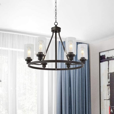 Industrial Wheel Chandelier 6 Bulbs Iron Hanging Ceiling Light with Cylinder Clear Glass Shade in Black