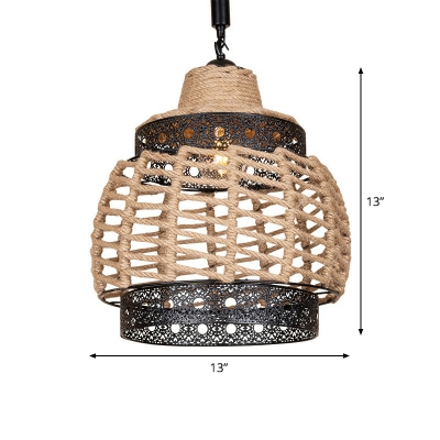 Lantern Restaurant Ceiling Light Countryside Natural Rope 1 Bulb Brown Suspension Pendant