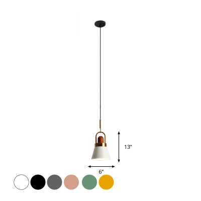 Macaron Frustum Down Lighting Metal 1 Head Bedside Brass-Handled Pendant Light with Wood Top, Black/White/Pink