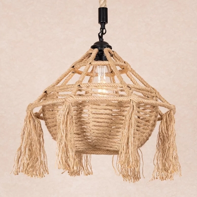 Roped Teardrop-Shape Pendant Light Rustic Single Aisle Ceiling Hang Lamp with Fringe in Brown