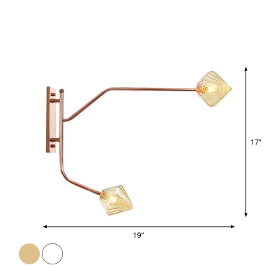 Rose Gold Branching Wall Light Industrial Iron 2-Light Bedroom Wall Lamp with Ball/Diamond Clear/Amber Glass Shade