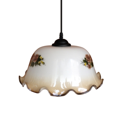 Vintage Ruffled-Edge Shade Pendulum Light 1 Bulb Green/White Glass Ceiling Pendant for Living Room