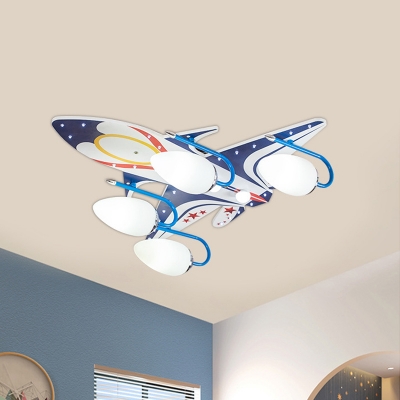Wood Plane Flush Mounted Ceiling Light Cartoon 4 Heads Blue and White Flushmount for Nursery