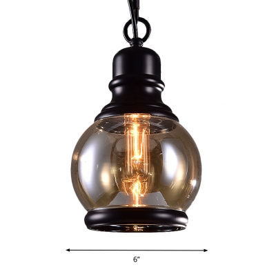 1-Bulb Ceiling Hanging Lantern Industrial Globe/Oval/Cylinder Smoke Glass Suspension Pendant Light in Black