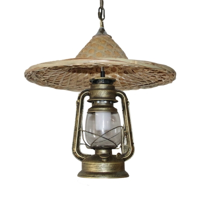 1 Bulb Hanging Ceiling Lantern Farmhouse Kerosene Metal Pendant Light in Copper/Bronze/Black with Straw Hat