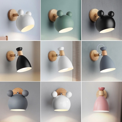 1 Bulb Kids Bedside Wall Lamp Macaron Black/White/Green-Wood Adjustable Wall Mount Light with Bell/Bear Head Metal Shade