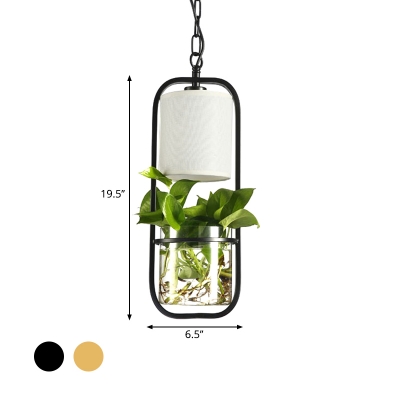 1-Head Hanging Ceiling Light Nordic Oblong Metal Drop Pendant in Black/Gold with Plant Cup and Cylinder Fabric/Clear Glass Bowl Shade