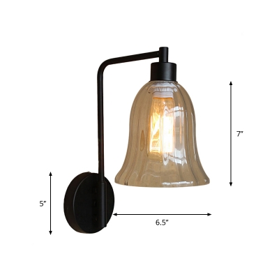 1-Head Square-Arm Wall Lamp Rustic Bowl/Bell Clear Ribbed Glass Wall Mount Lighting in Black