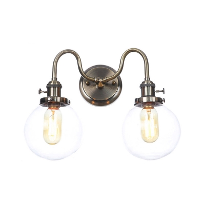 2 Lights Wall Mount Lamp Industrial Cone/Diamond/Globe Shade Clear/Amber Glass Wall Light Fixture with Wavy Arm in Brass