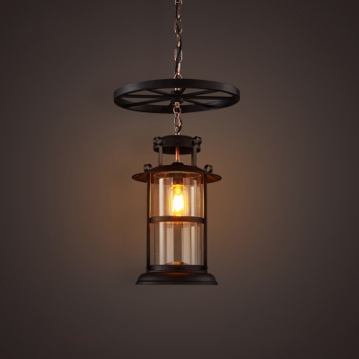 Cylinder Bistro Down Lighting Pendant Loft Clear Glass 1 Head Black Hanging Light Kit with Cage