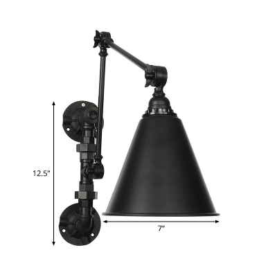 Industrial Water Pipe Wall Lighting 1 Head Iron Rotatable Wall Lamp Fixture with Cone Shade in Black